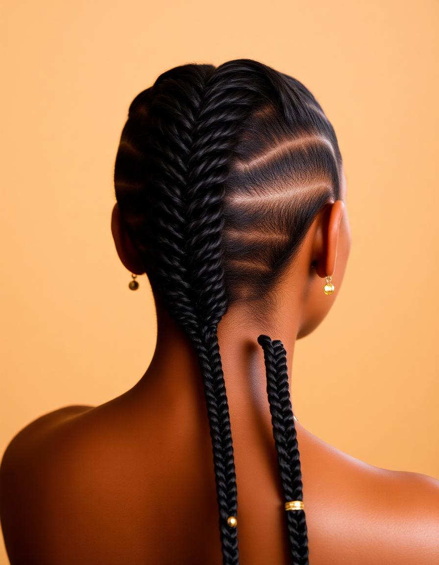 Fishtail cornrows with gold accents